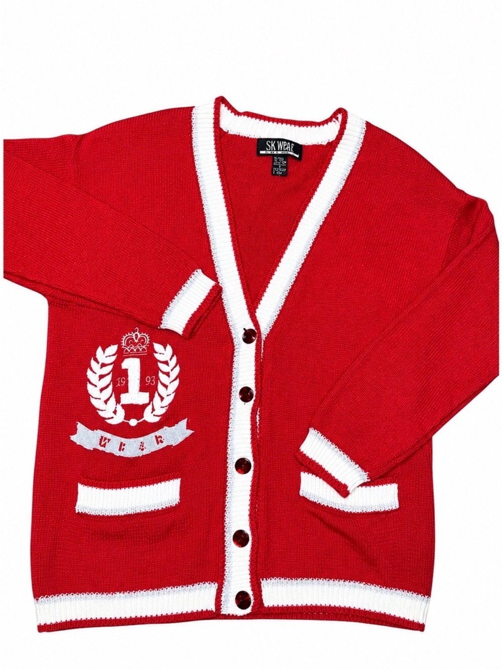 SK Wear Red Crest Cardigan Women’s Medium Varsity Style Jewel Button Sweater - Picture 2 of 8